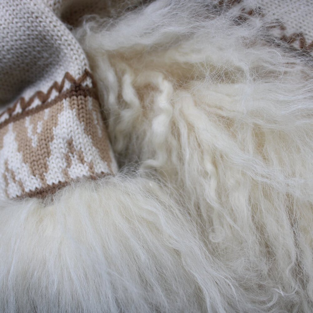 vintage Mongolian Curley lamb wool cardigan cowichan sweater jacket aplique M - Picture 12 of 12